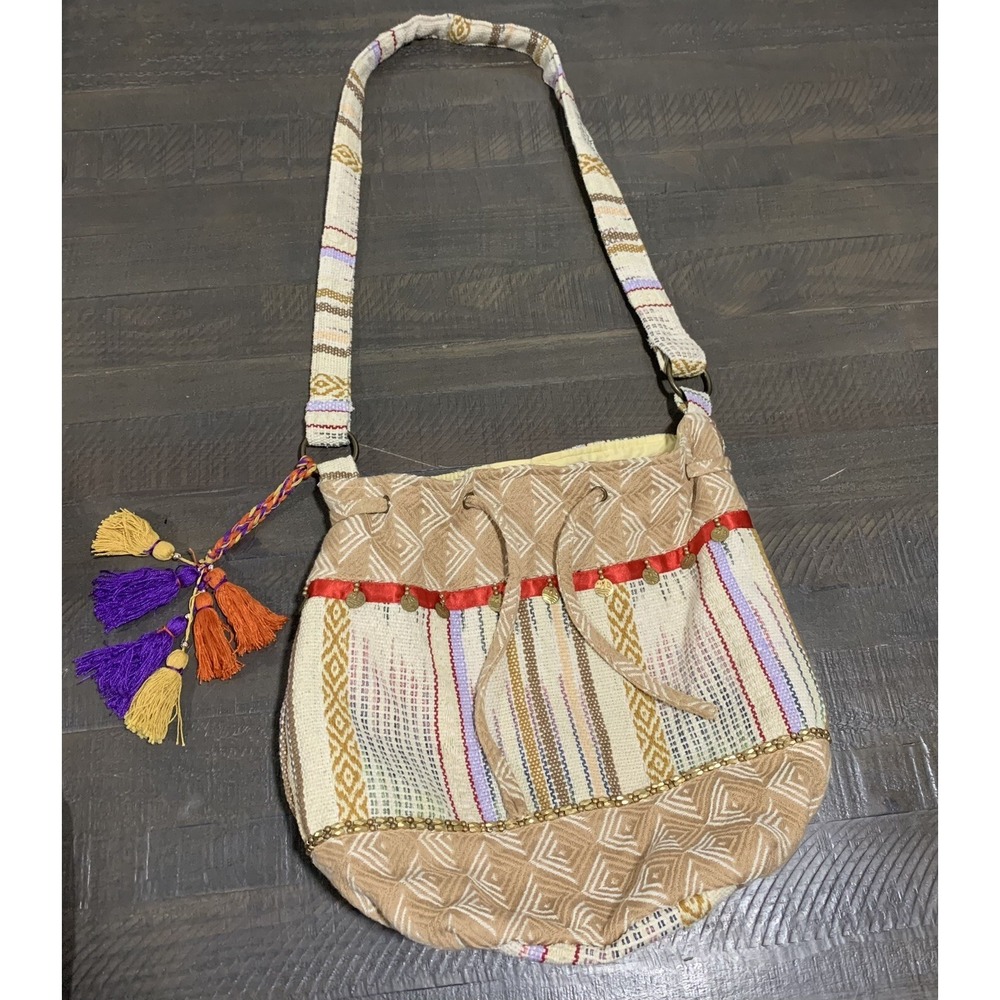 Stela 9 Beige Drawstring Crossbody / Shoulder Bag Purse - Made In India
